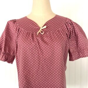 Vintage Pink Polka Dot Peasant Blouse Large Bow Detail Puff Sleeves 100% Cotton